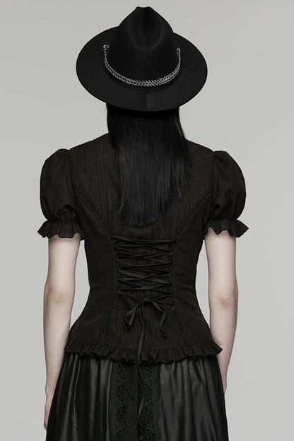 Black Stand Collar Short Puff Sleeves Ruffled Lace-Up Women's Gothic Blouse