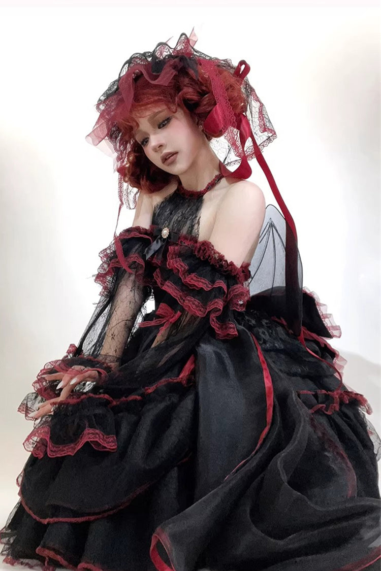 Black/Red [Layered Poem] Halterneck Sleeveless Multi-Layered Jacquard Hanayome Bow Lace Gothic Lolita Dress