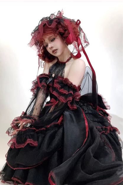 Black/Red [Layered Poem] Halterneck Sleeveless Multi-Layered Jacquard Hanayome Bow Lace Gothic Lolita Dress