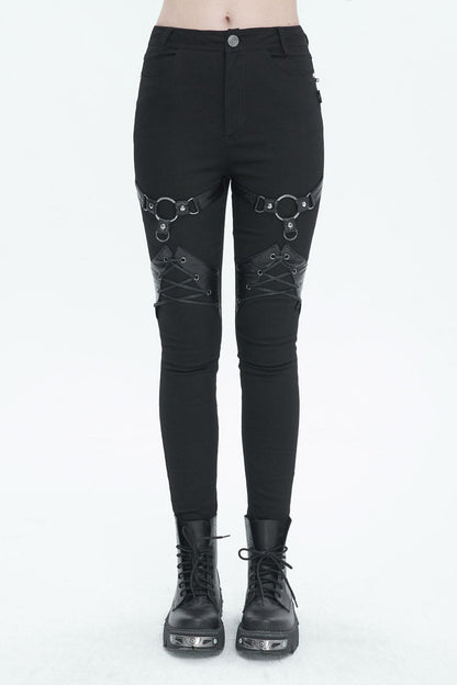 Black Slightly Elastic Twill Pu Tie Rope Decoration Women's Punk Trousers