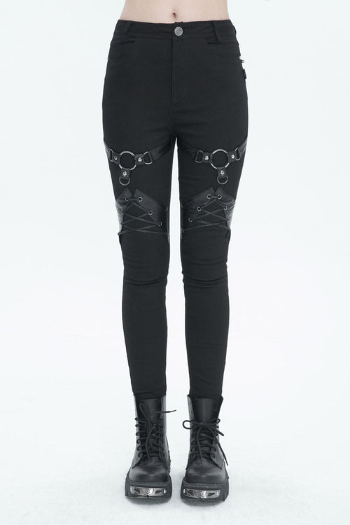 Black Slightly Elastic Twill Pu Tie Rope Decoration Women's Punk Trousers