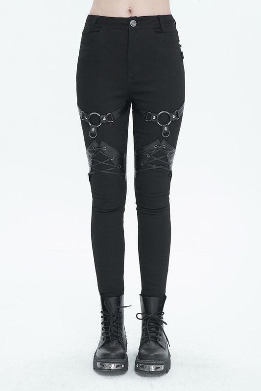 Black Slightly Elastic Twill Pu Tie Rope Decoration Women's Punk Trousers