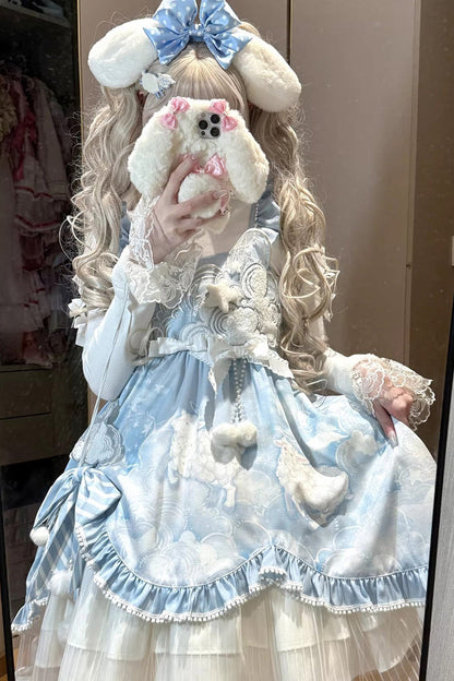 Blue [Cloud Dreamland] Cut-Out Embroidered Bow Lace Asymmetric Sweet Elegant Lolita Jsk Dress Set