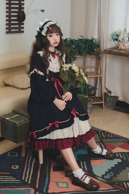 Blue Long Sleeves Ruffle Bowknot Daily Sweet Princess Lolita Dress