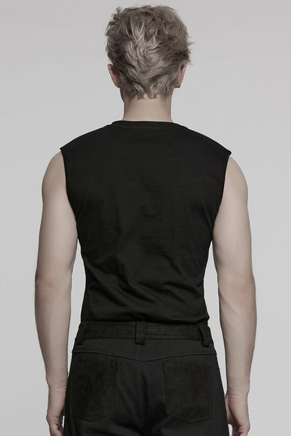 Black Round Collar Sleeveless Studded Stitching Shoulder Patched Men's Punk Vest