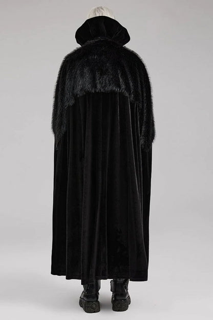 Black Stand Collar Ruffle Irregular Plush Stitching Mens Gothic Gorgeous Cloak