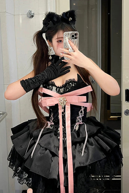 Black [Kitten Sweetheart] Multi-Layered Ruffled Bow Lace-Up Princess Ballet Gothic Lolita Jsk Dress