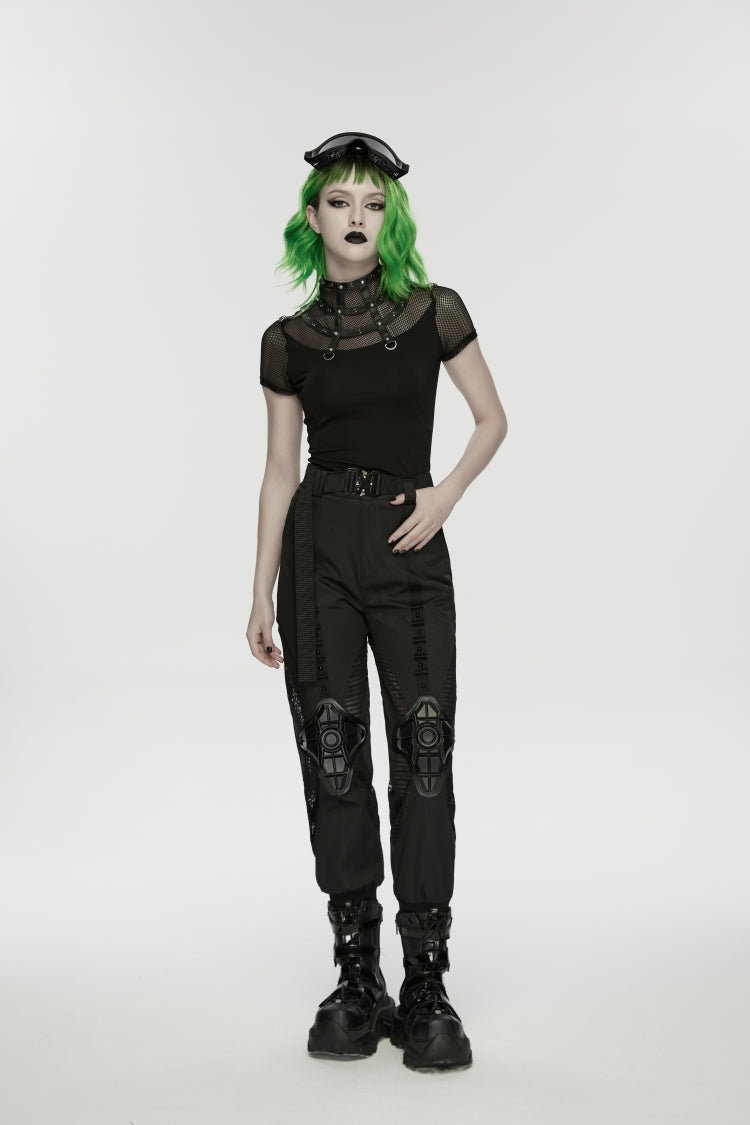 Black Stand Collar Short Sleeves Zippered Women's Punk Rivets&Eyelets T-Shirt