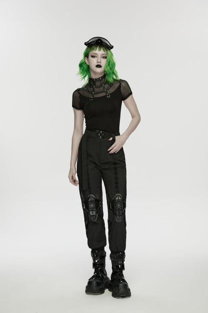 Black Stand Collar Short Sleeves Zippered Women's Punk Rivets&Eyelets T-Shirt