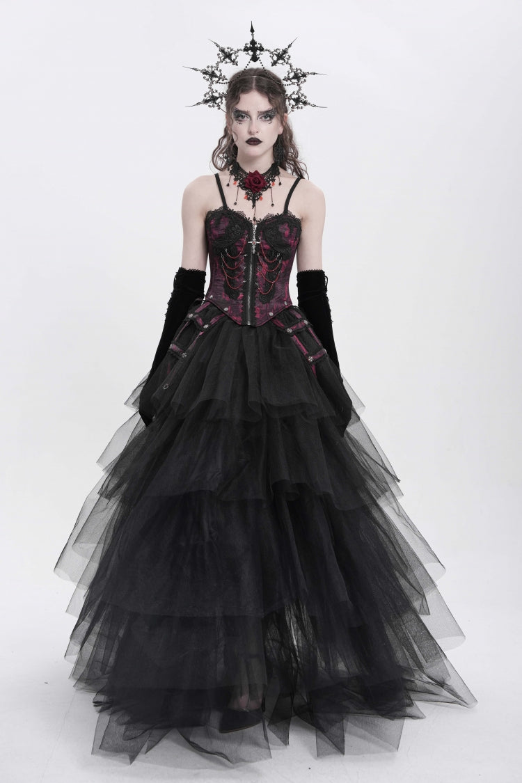 Red Sleeveless Embroidery Lace Chain Women's Gothic Vest