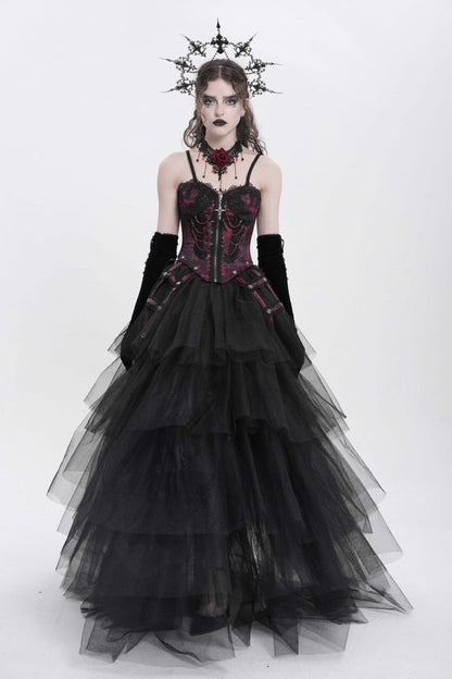Red Sleeveless Embroidery Lace Chain Women's Gothic Vest