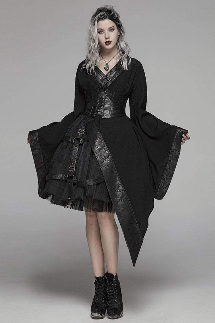 Black V Neck Metal Buckle Strap Waist Lace-Up Flare Sleeve Wave Printing Asymmetric Hem Kimono Women's Punk  Dress