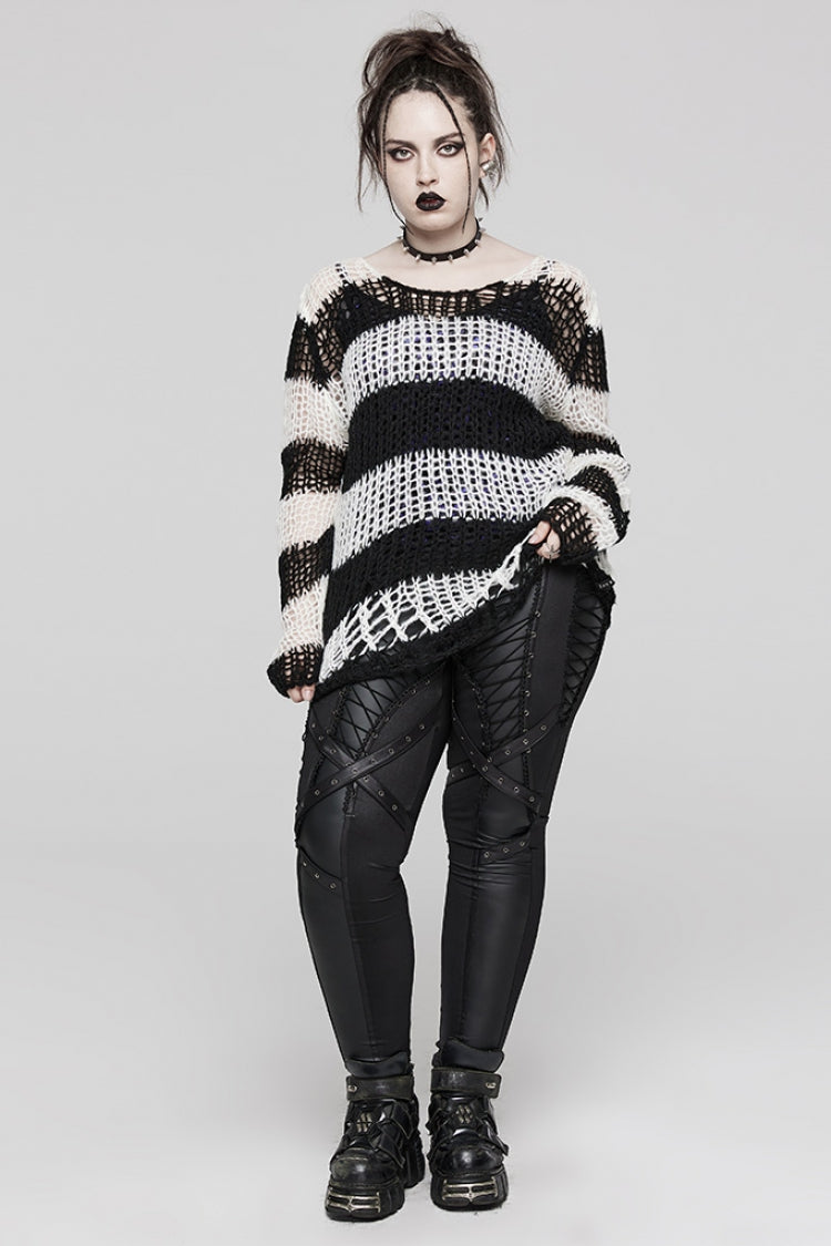 Round Collar Striped Print Irregular Ripped Women's Gothic Sweater 4 Colors
