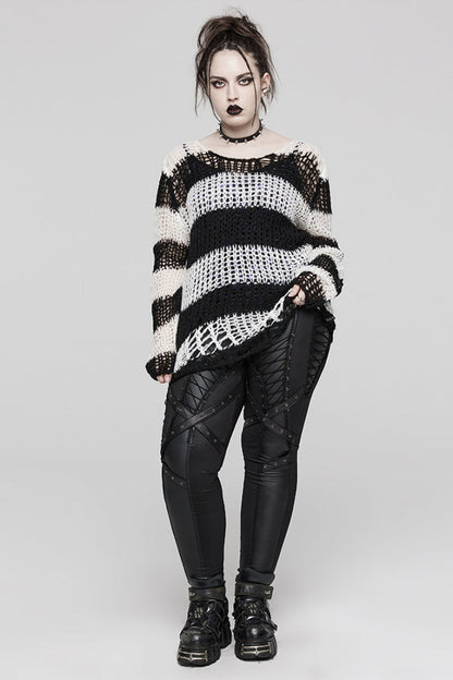 Round Collar Striped Print Irregular Ripped Women's Gothic Sweater 4 Colors