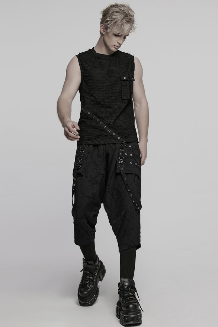 Black Round Collar Sleeveless Stitching Mesh Ripped Men's Punk Vest