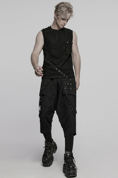 Black Round Collar Sleeveless Stitching Mesh Ripped Men's Punk Vest