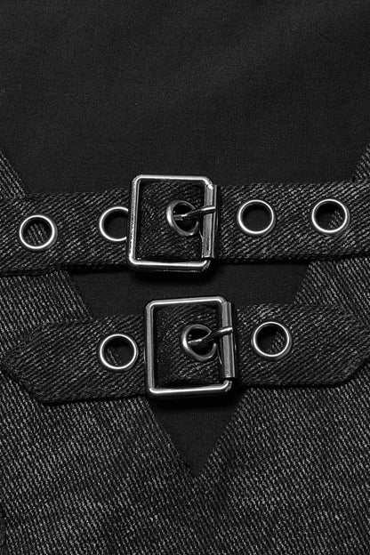 Black Short Sleeves Buckle Stitching Mesh Men's Steampunk T-Shirt