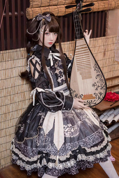 Black [Yuelong Poetry] Print Ruffle Lace Sweet Chinese Style Lolita Jsk Dress