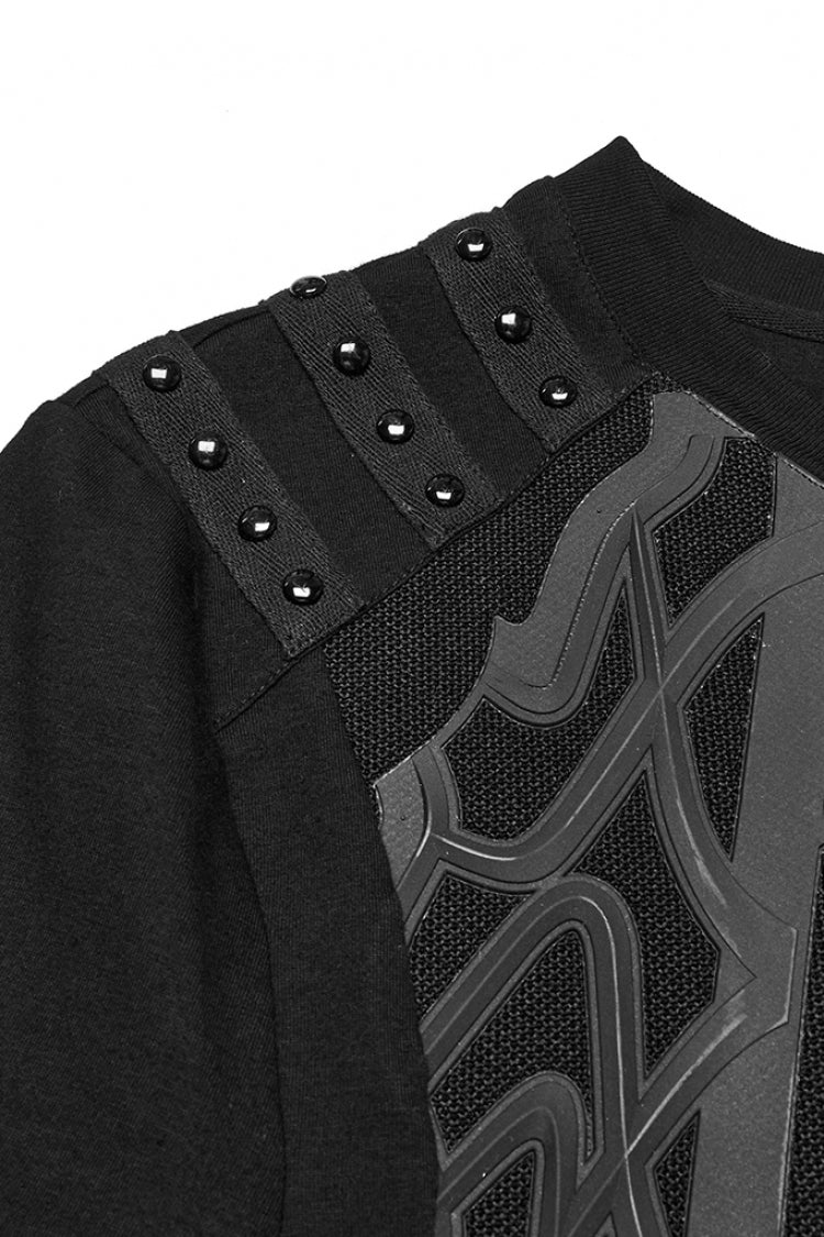 Black Round Collar Short Sleeves Studded Buckle Strap Men's Punk T-Shirt