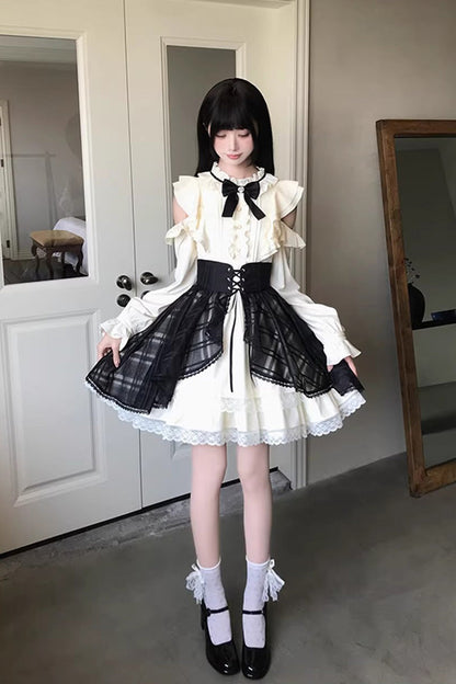 Black/Beige [Dark Chocolate Champagne] Stand Collar Off Shoulder Long Sleeves Double-Layered Ruffled Sweet Japanese Lolita Dress