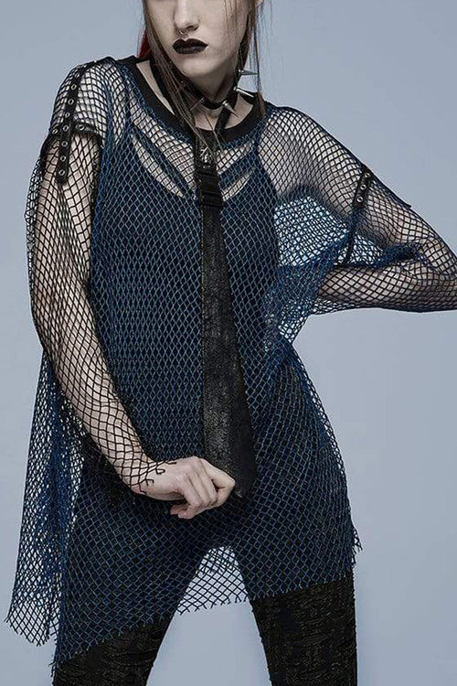 Blue Punk Daily No Elasticity Mesh Buttonhole Decoration Perspective Women's T-Shirt