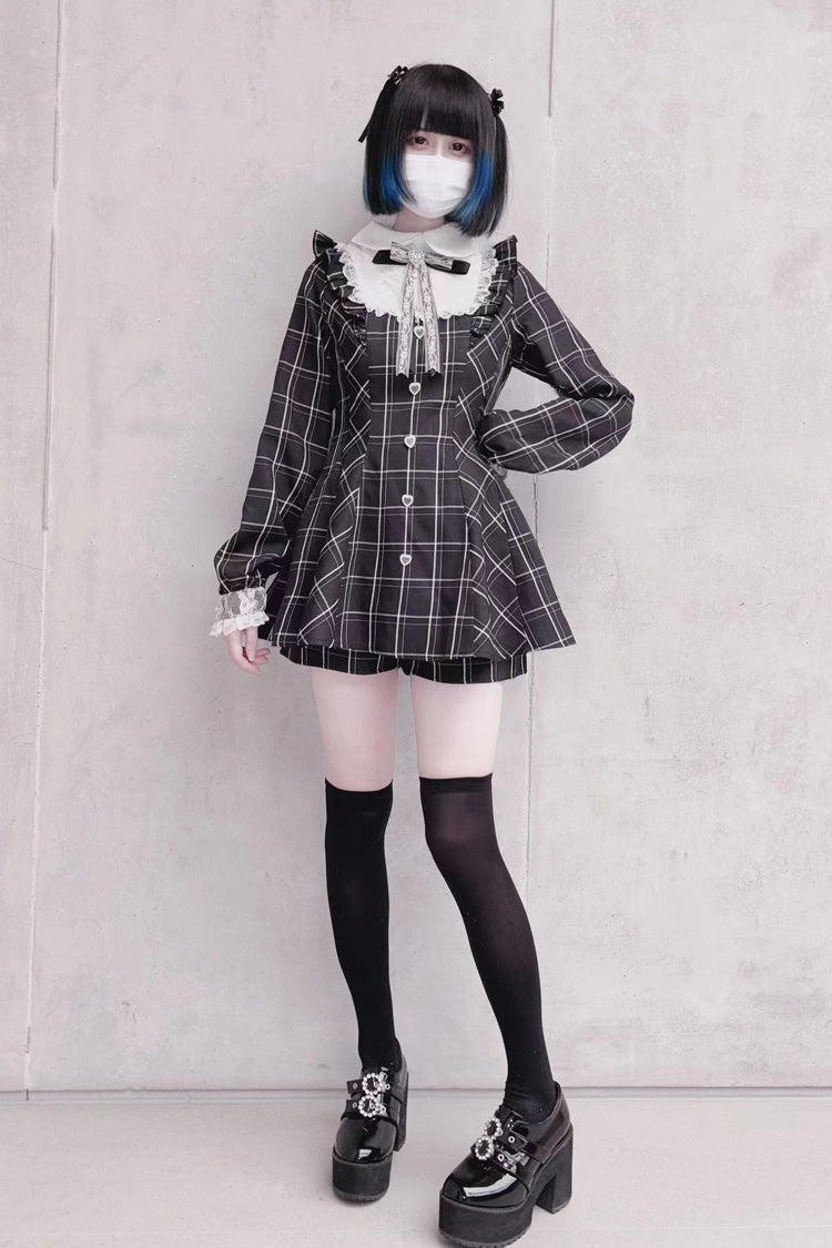 Black/White [Heart-beating Limited] Long Sleeves Plaid Print Print Bowknot Lace Gothic Jirai Kei Dress Set