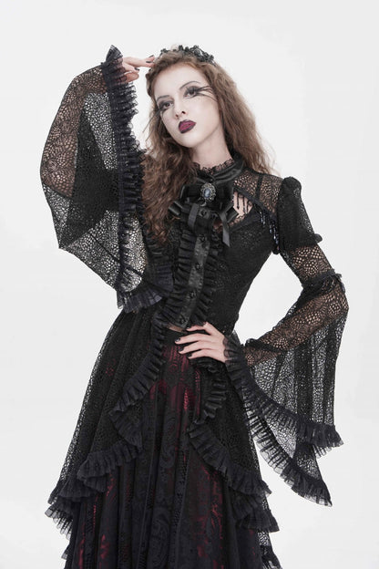 Black Stand Collar Long Trumpet Beaded Sleeves Cut-Out Bow Lace Women's Gothic Blouse