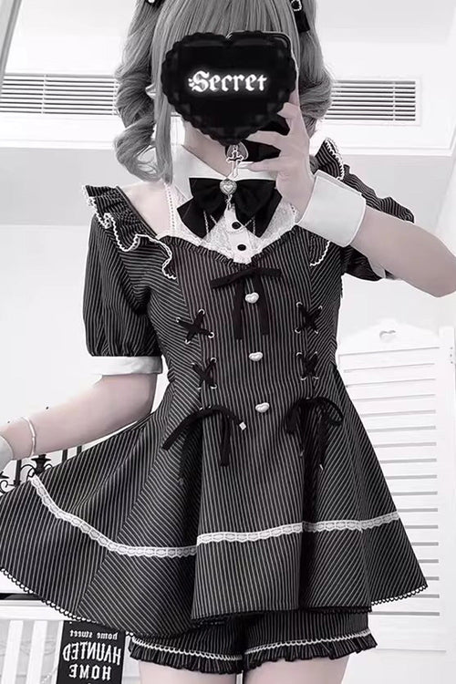 Black [Roman Strings] Short Sleeves Striped Print Bowknot Lace-Up Gothic Jirai Kei Plus Size Dress