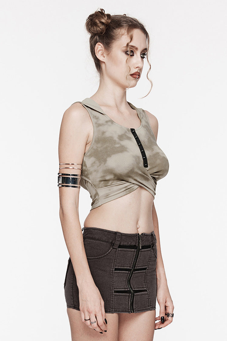 Black/Coffee Sleeveless Cutout Crossed Hooded Women's Punk Tank Top