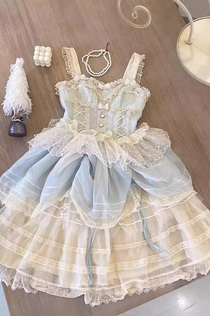Blue [Lemon Sea Salt] Ruffle Lace Sweet Princess Lolita Jsk Dress