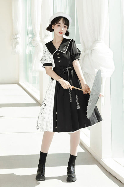 Black/White Stitching Chinese Style Bamboo Print High Waisted Sweet Lolita Dress