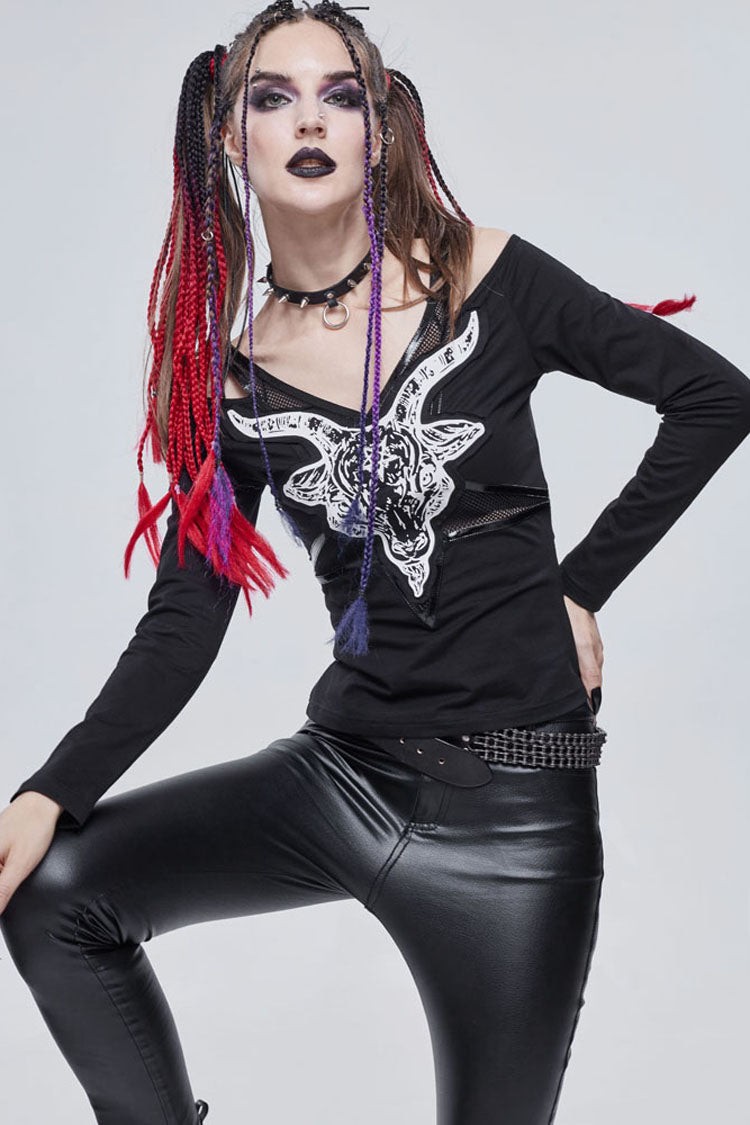 Black Punk Devil Sheep Head Printed Long Sleeves Off The Shoulder Women's Shirt