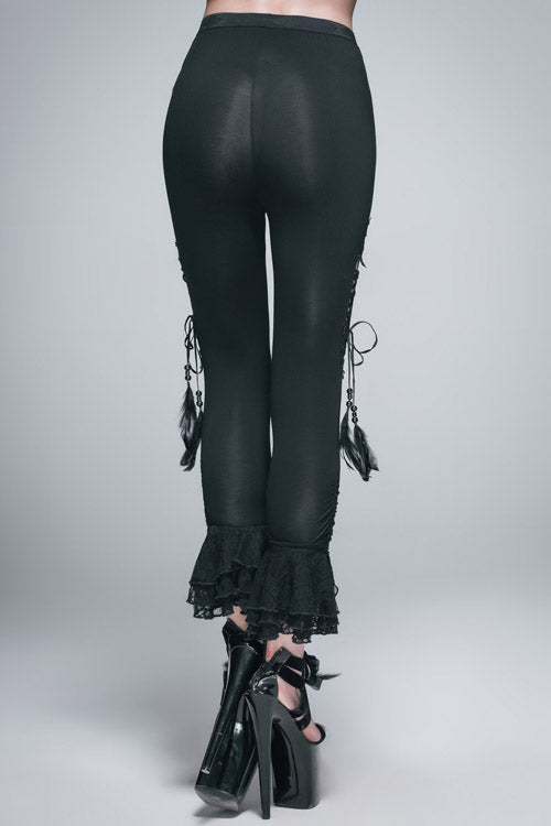 Black Side Hollow Out Lace Up Slit Lace Hem Gothic Womens Pants