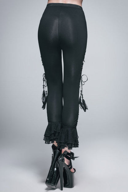 Black Side Hollow Out Lace Up Slit Lace Hem Gothic Womens Pants