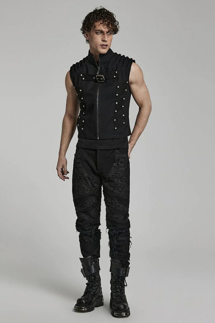 Black Stand Collar Sleeveless Stitching Buckle Decoration Mens Steampunk Vest
