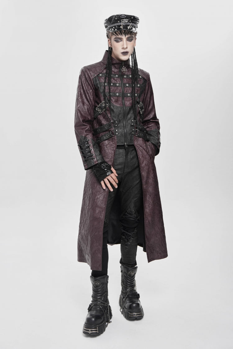 Red Stand Collar Zipper Straps Eyelet Men's Punk Coat
