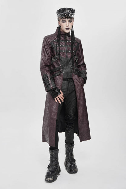 Red Stand Collar Zipper Straps Eyelet Men's Punk Coat