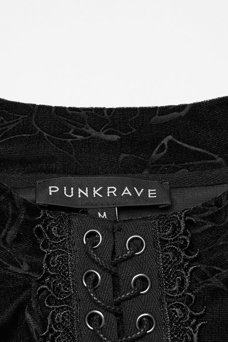 Black Stand Collar Long Sleeves Rose Embossed Lace-Up Zippered Men's Gothic Top