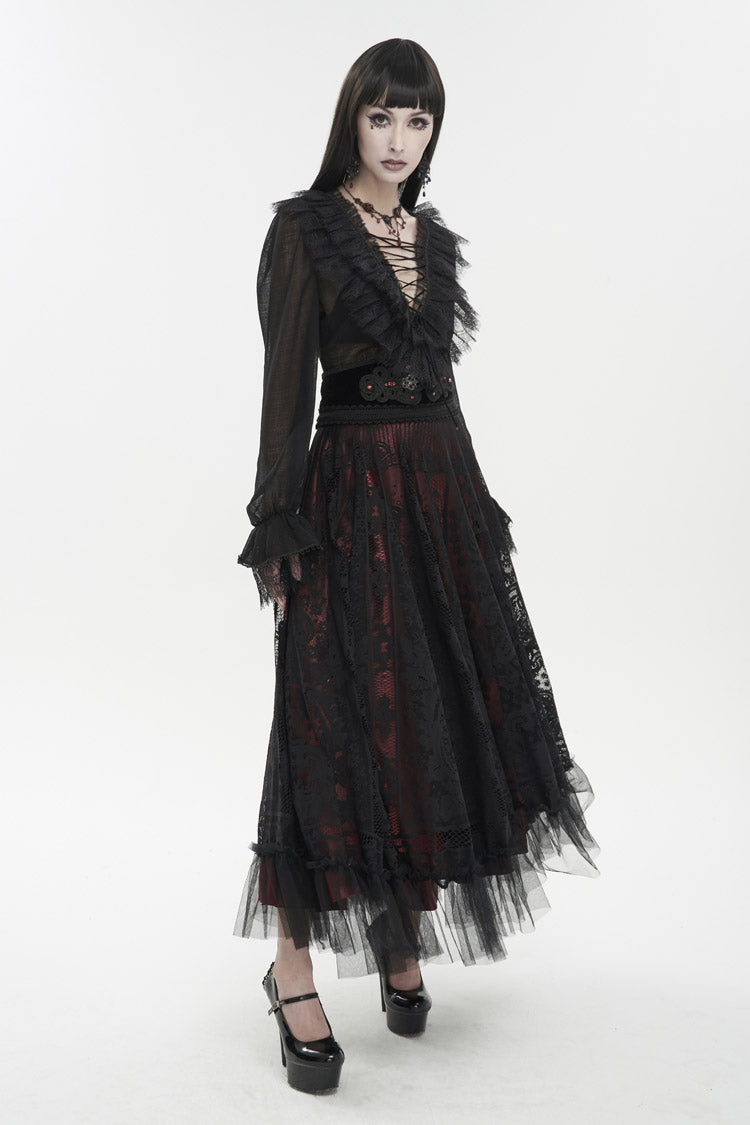 Black Thin Waist Plaid Stitching Layered Lace Long Sleeves Women's Gothic Shirt