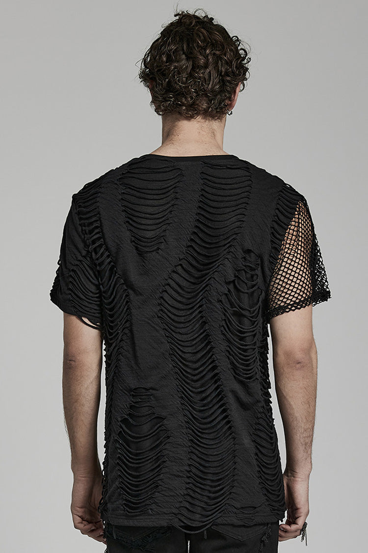 Black Short Sleeves Stitching Mesh Ripped Men's Punk T-Shirt