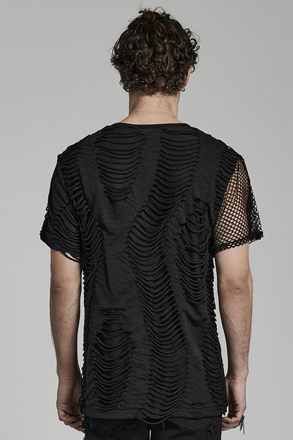 Black Short Sleeves Stitching Mesh Ripped Men's Punk T-Shirt