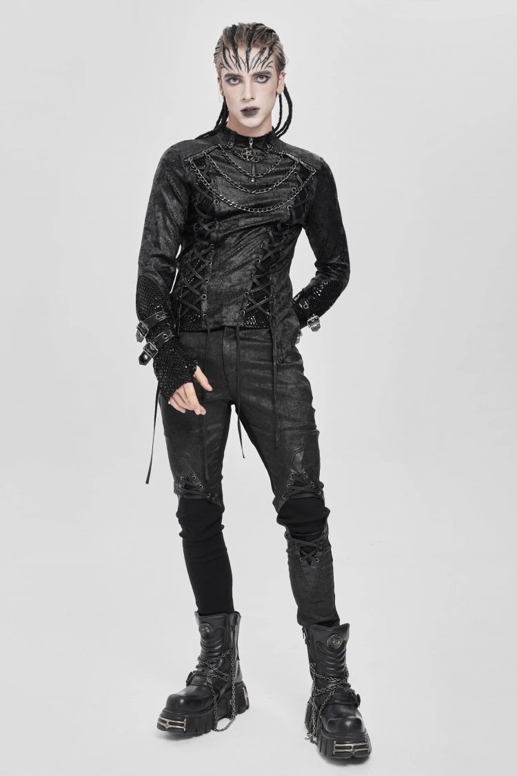 Black Stitching Lace-Up Mesh Chain Men's Punk Blouse