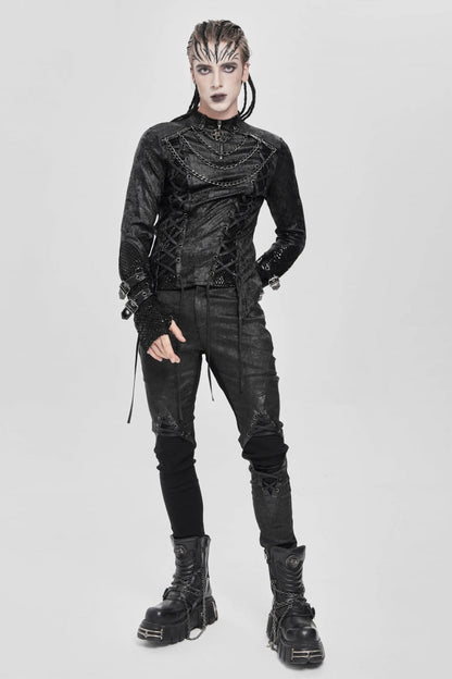 Black Stitching Lace-Up Mesh Chain Men's Punk Blouse