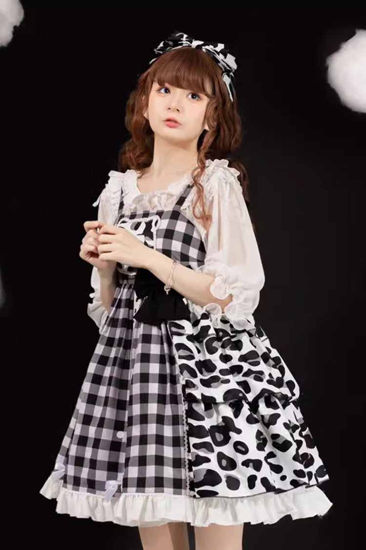 Black/White Plaid Print Cow Ruffle Bowknot Cat Claw Planet Sweet Lolita Jsk Dress