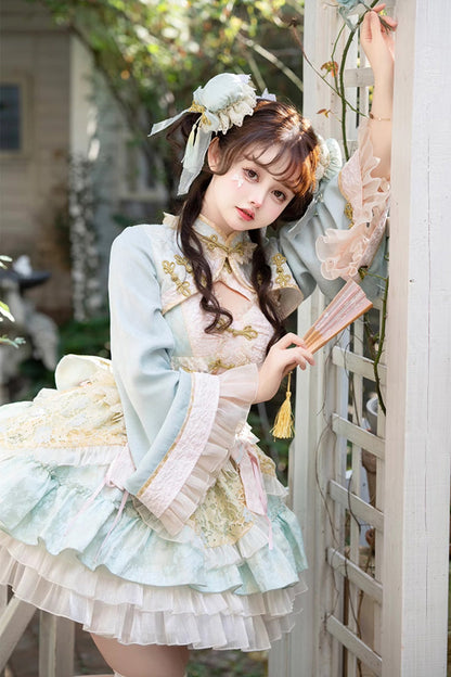 Green White Pear Dream Multi-layer Ruffle Lace Sweet Chinese Style Princess Lolita Jsk Dress