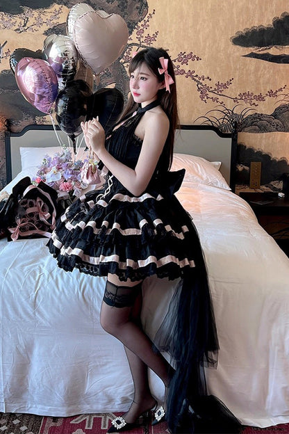Black [Ballet Dream] Halterneck Triple-Layered Ruffle Bowknot Lace-Up Sweet Princess Lolita Dress