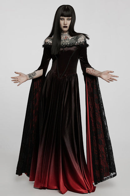 Black/Red Off Shoulder Long Trumpet Sleeves Gradient Lace Women's Gothic Dress