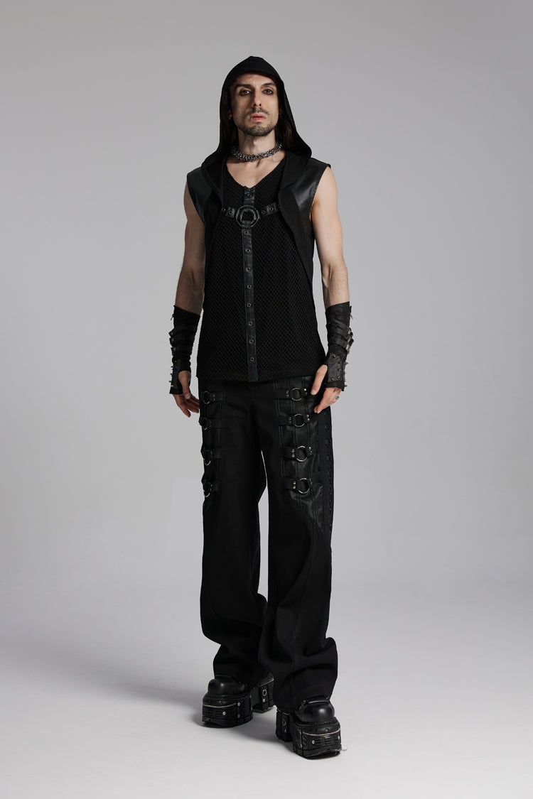 Black V Collar Sleeveless Hooded Mesh Eyelets Men's Punk Vest