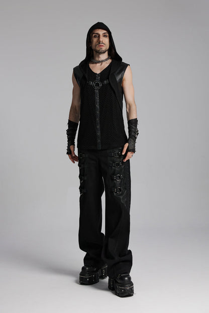 Black V Collar Sleeveless Hooded Mesh Eyelets Men's Punk Vest