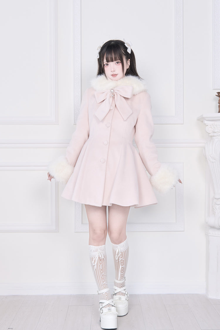 Pink Plush Collar Long Sleeves Bowknot Japanese Sweet Lolita Coat
